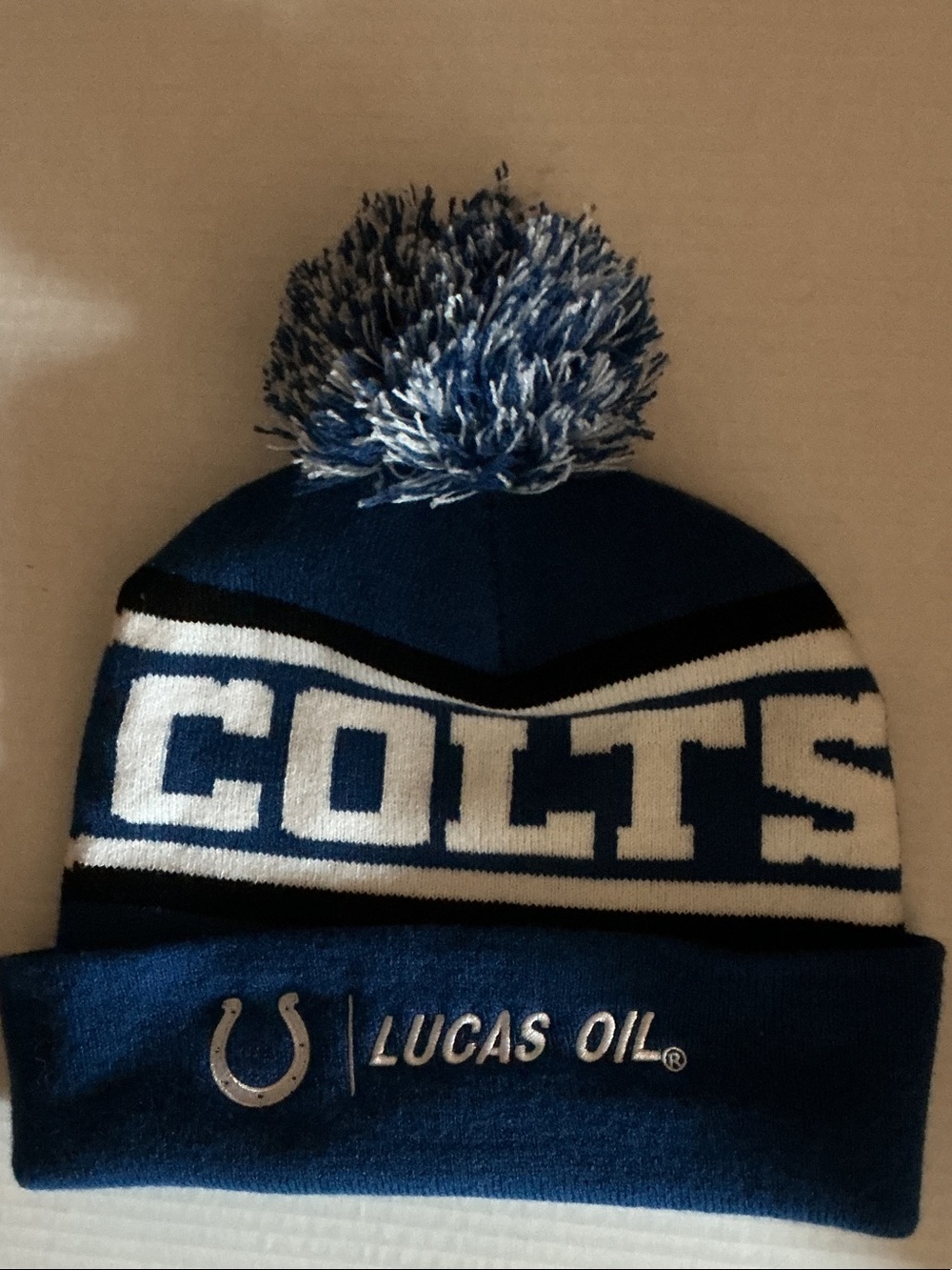 NFL Colts Navy and White Pom Cuffed Knit Hat